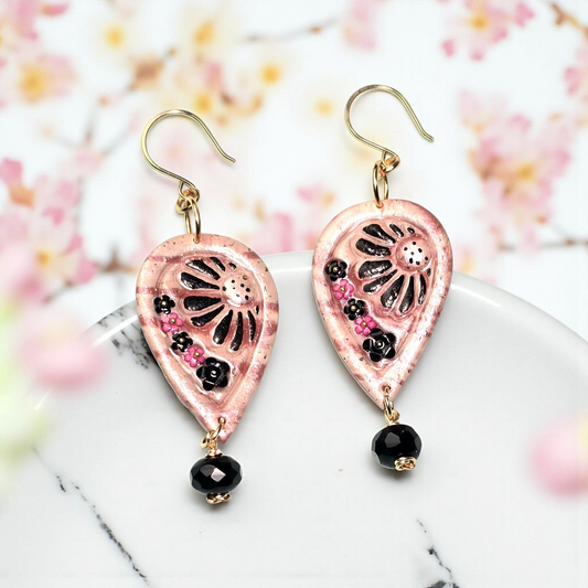 Midnight Blush Boho Earrings – Light Pink & Black Polymer Clay Dangle Earrings with Golden Wire & Black Glass Beads