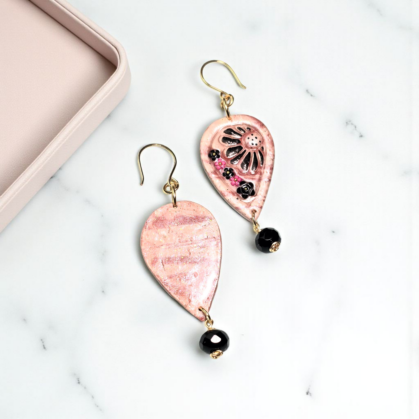 Midnight Blush Boho Earrings – Light Pink & Black Polymer Clay Dangle Earrings with Golden Wire & Black Glass Beads