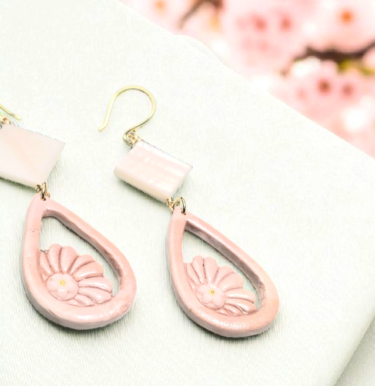 Blushing Bloom Boho Earrings – Light Pink Polymer Clay Dangle Earrings with Diamond Shell Beads & Golden Wire Hooks