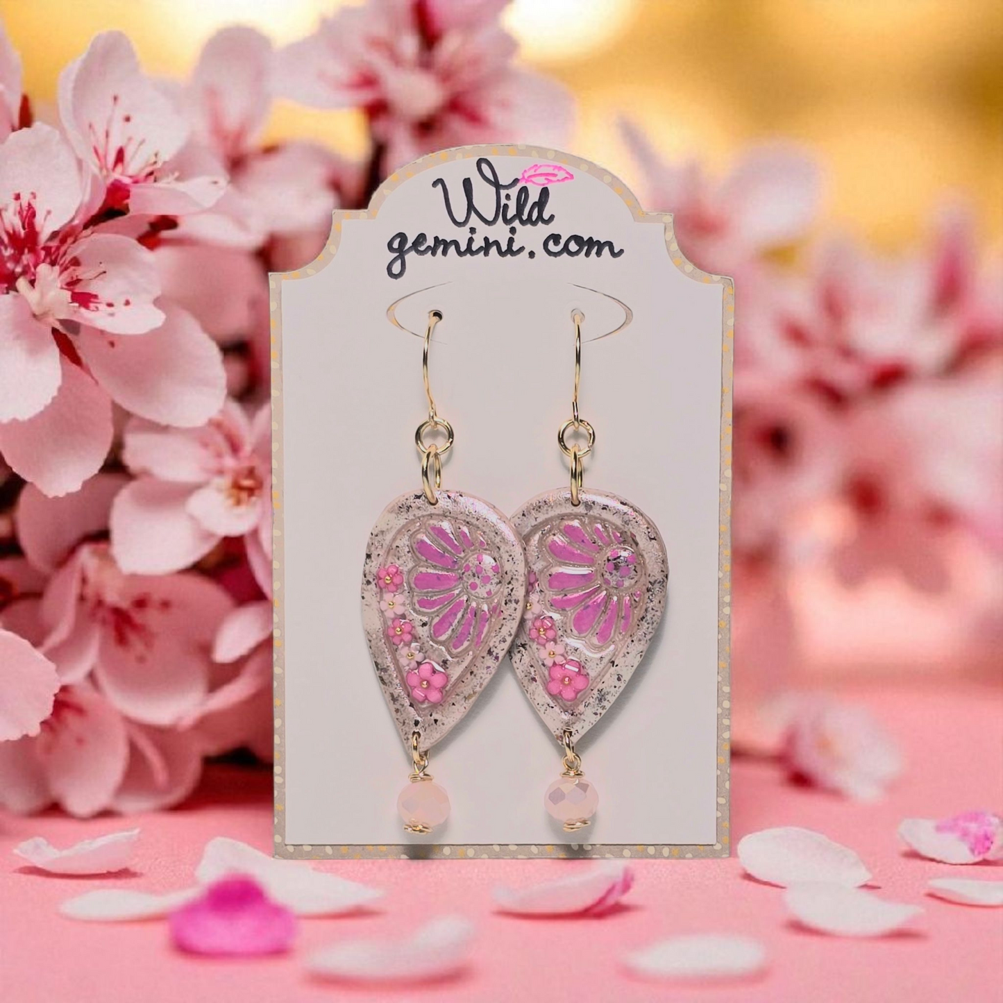 Blush Bloom Boho Earrings – Light Pink Polymer Clay Dangle Earrings with Golden Wire & Pink Glass Beads