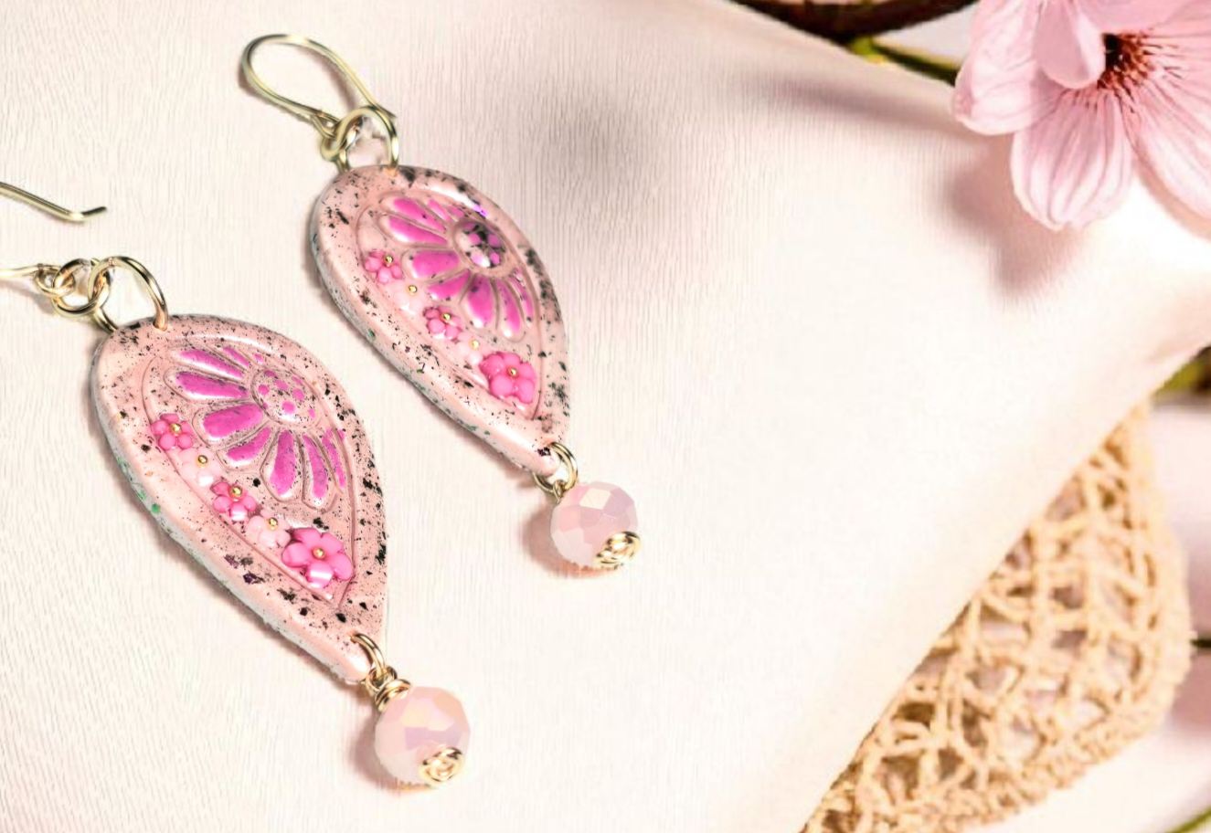 Blush Bloom Boho Earrings – Light Pink Polymer Clay Dangle Earrings with Golden Wire & Pink Glass Beads