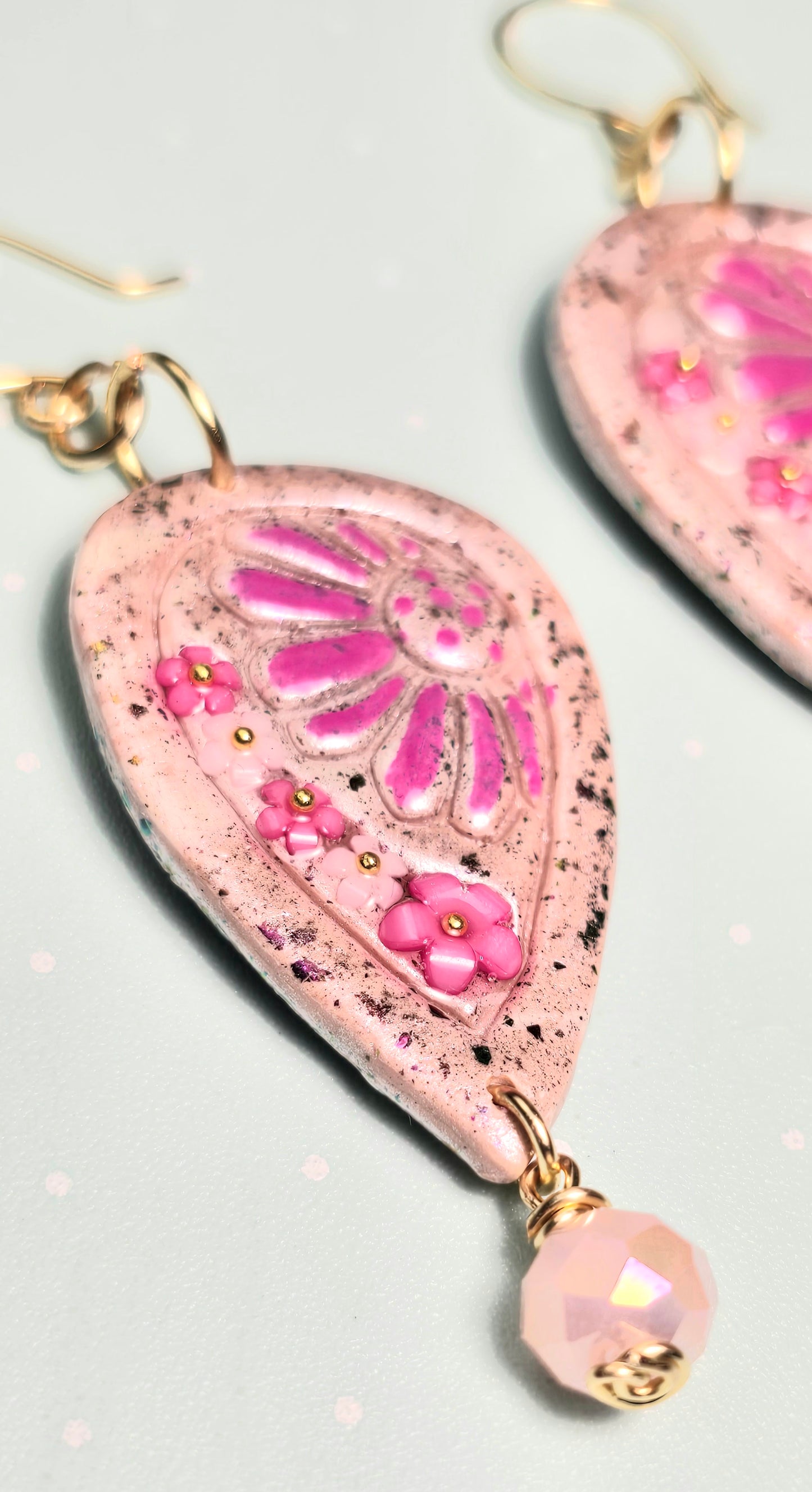Blush Bloom Boho Earrings – Light Pink Polymer Clay Dangle Earrings with Golden Wire & Pink Glass Beads