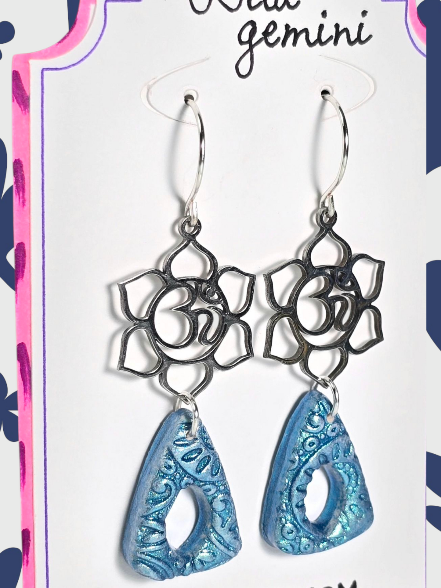 Sacred Sky Boho Earrings – Blue Patterned Polymer Clay Triangle Dangle Earrings with Stainless Steel Om Findings & Silver Hooks