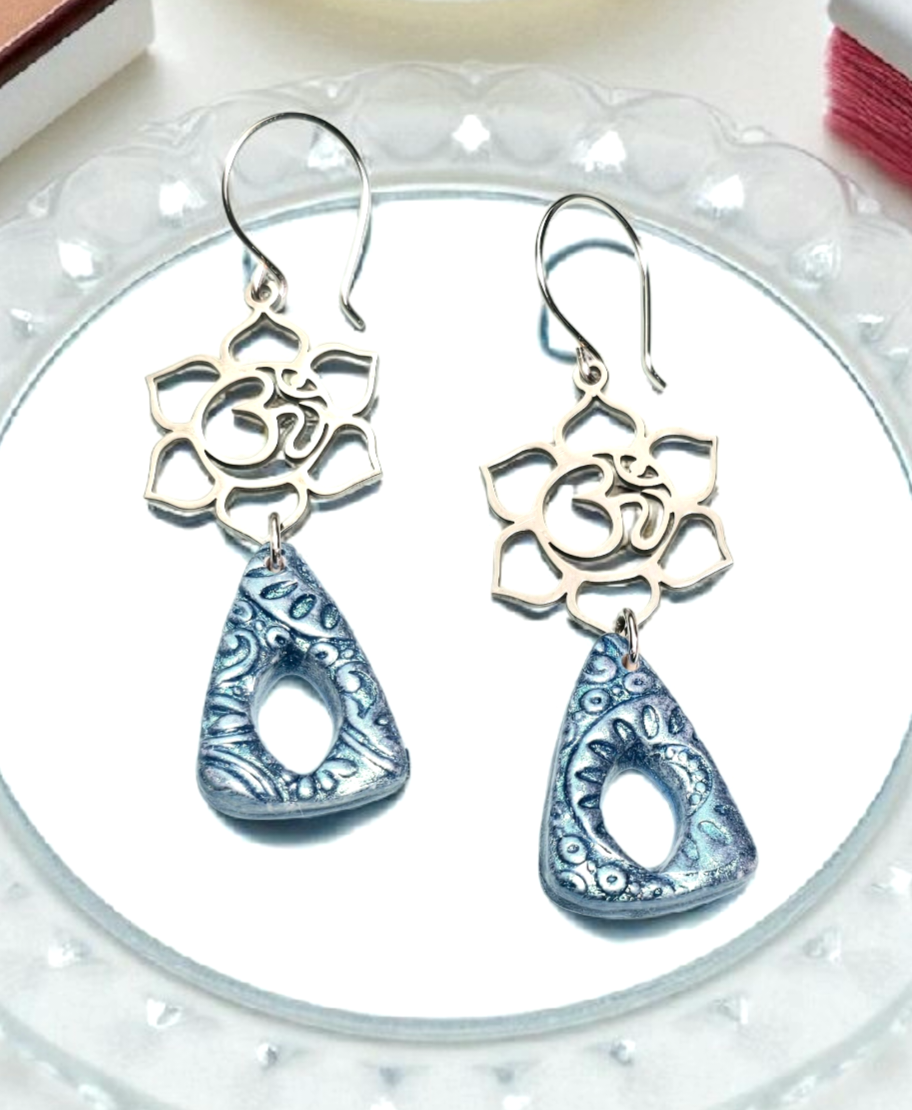 Sacred Sky Boho Earrings – Blue Patterned Polymer Clay Triangle Dangle Earrings with Stainless Steel Om Findings & Silver Hooks