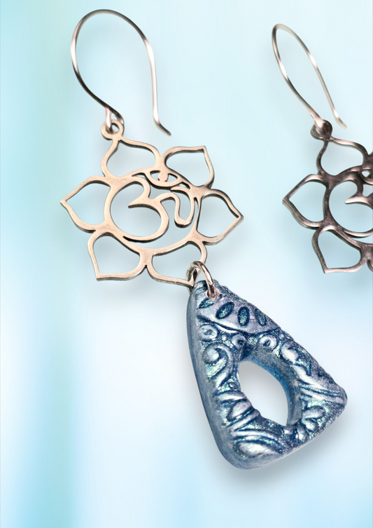 Sacred Sky Boho Earrings – Blue Patterned Polymer Clay Triangle Dangle Earrings with Stainless Steel Om Findings & Silver Hooks