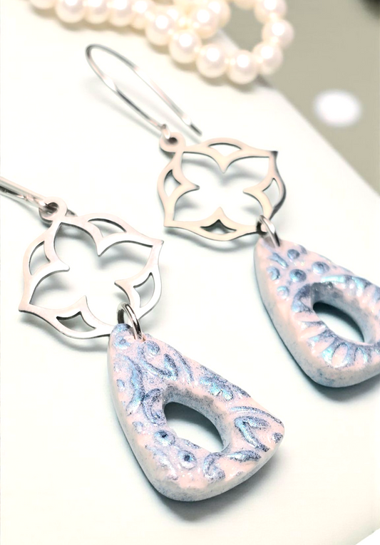 Blue Meadow Boho Earrings – Blue Patterned Polymer Clay Triangle Dangle Earrings with Stainless Steel Flower Findings & Silver Hooks