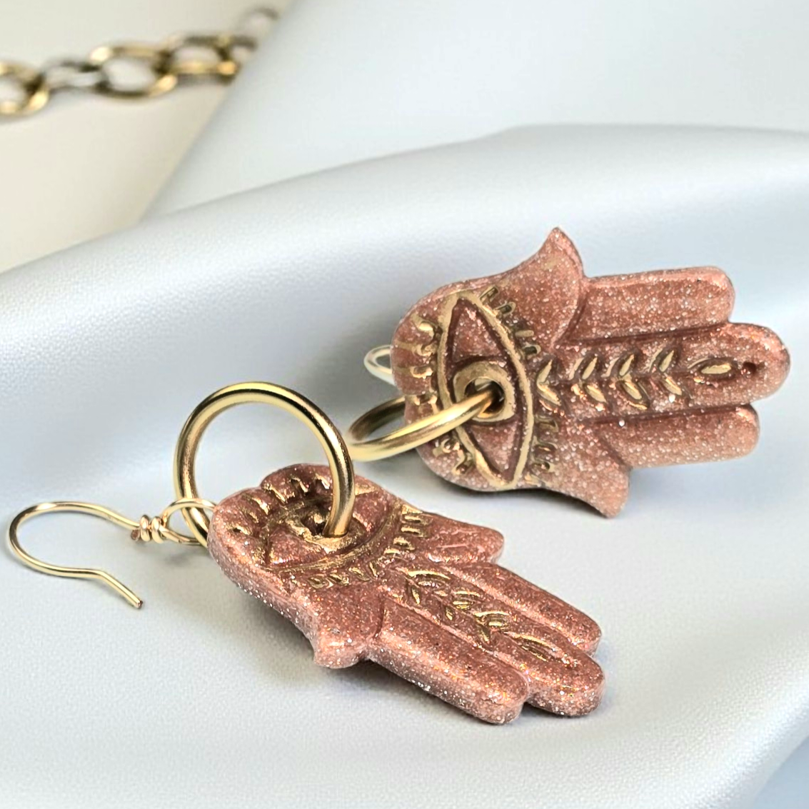 Golden Hamsa Boho Earrings – Hand of Fatima Polymer Clay Dangle Earrings Copper & Gold Leaf Patterns