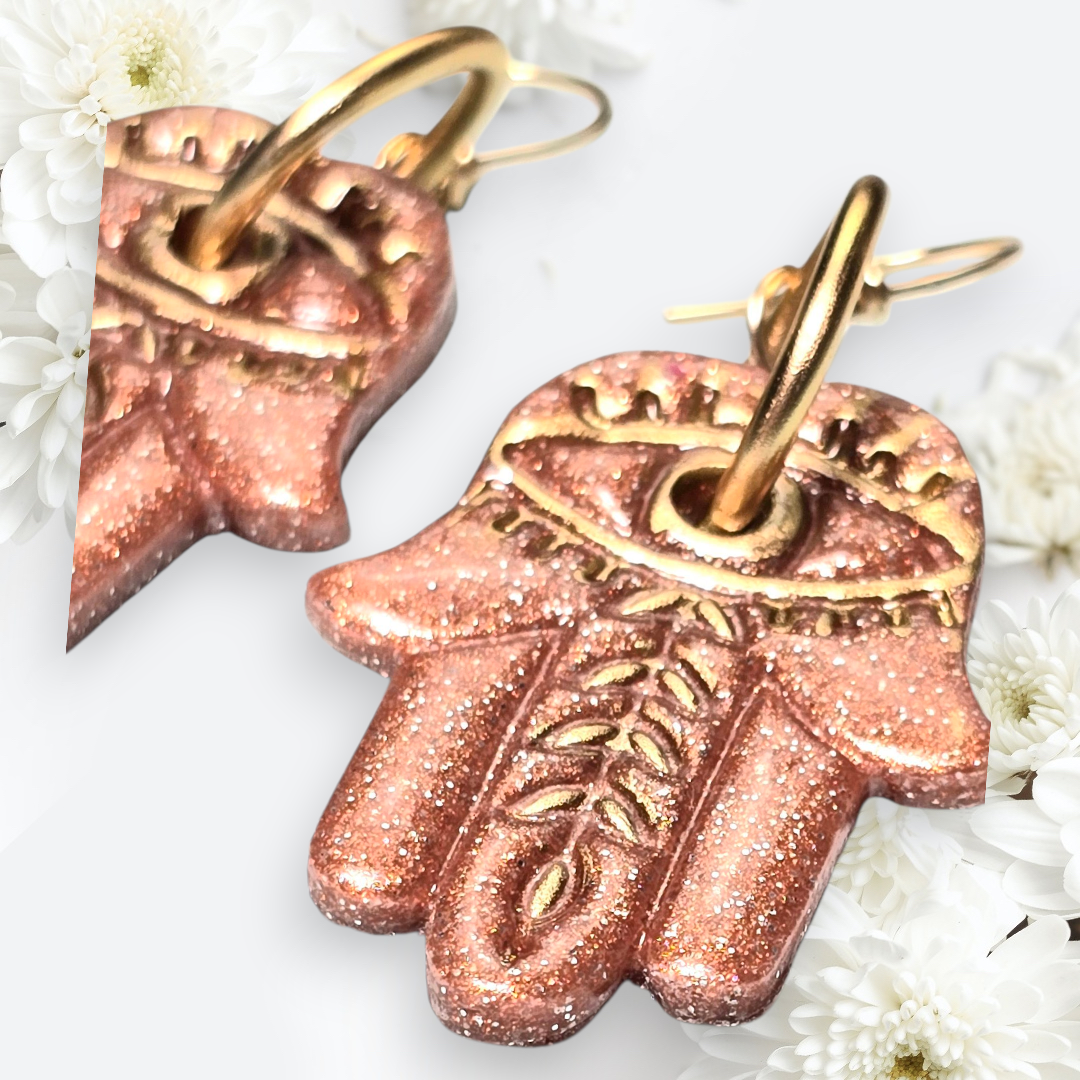 Golden Hamsa Boho Earrings – Hand of Fatima Polymer Clay Dangle Earrings Copper & Gold Leaf Patterns