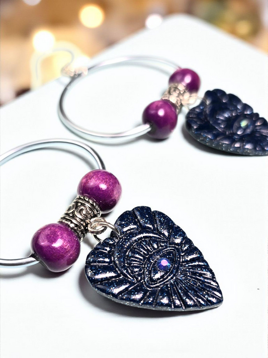 Evil Eye Heart Boho Earrings – Blue Glitter Polymer Clay Dangle Earrings with Light Blue Aluminum Rings & Silver Hooks