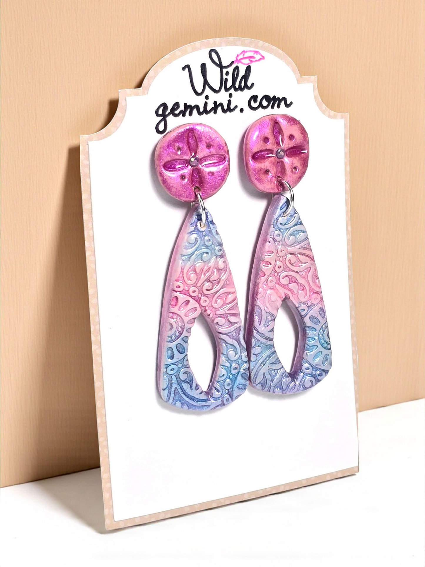 Boho Daydream Stud Earrings – Pink, White & Blue Polymer Clay Dangle Earrings with Glass Beads