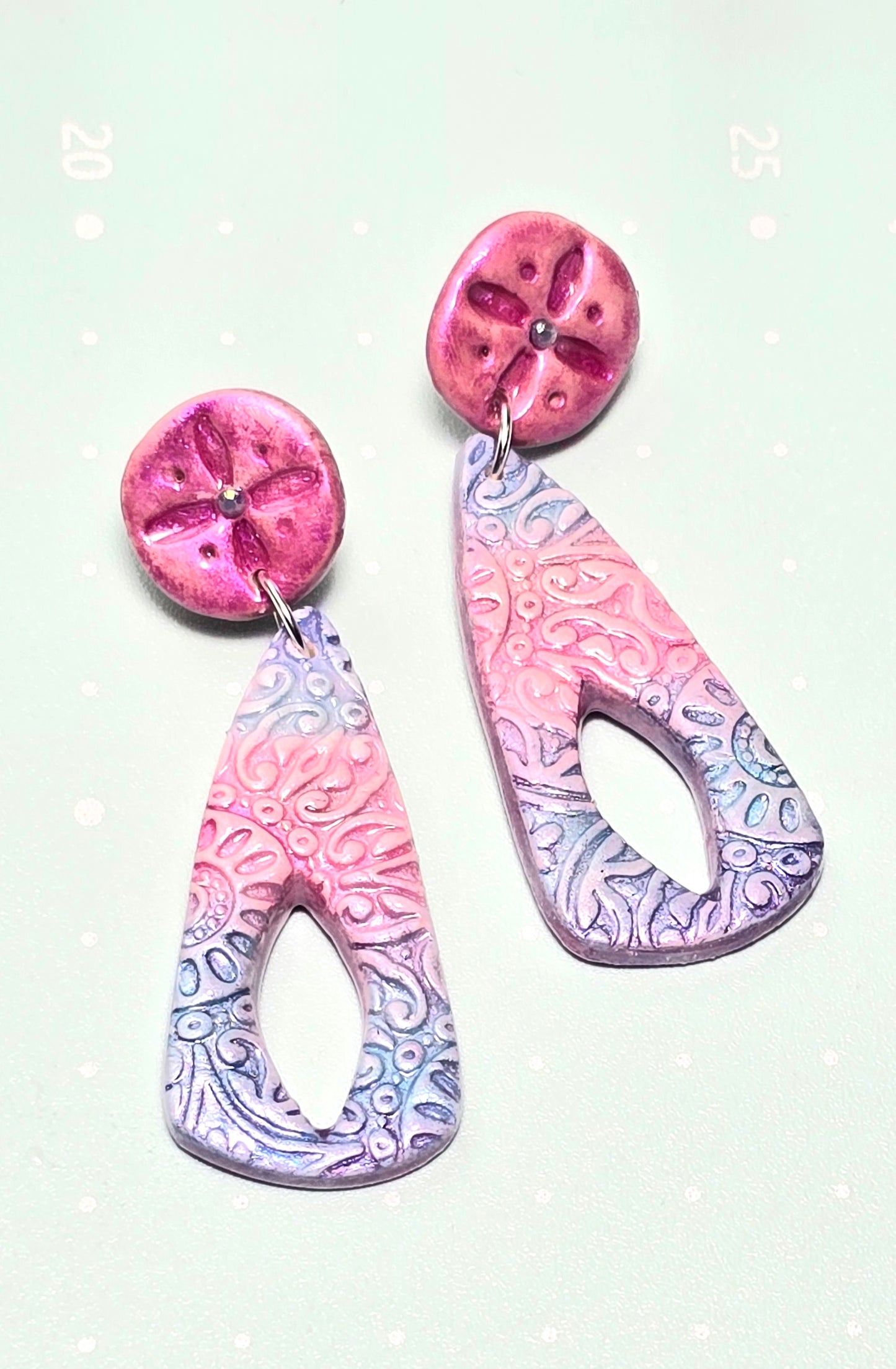 Boho Daydream Stud Earrings – Pink, White & Blue Polymer Clay Dangle Earrings with Glass Beads