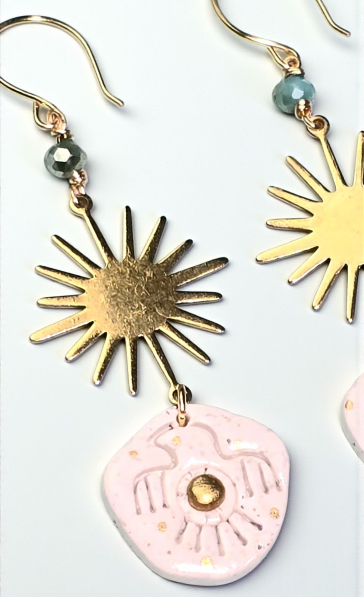 Golden Sun Spirit Boho Earrings – White Glitter Polymer Clay Dangle Earrings with Tribal Eagle Design, Glass Beads & Gold Hooks