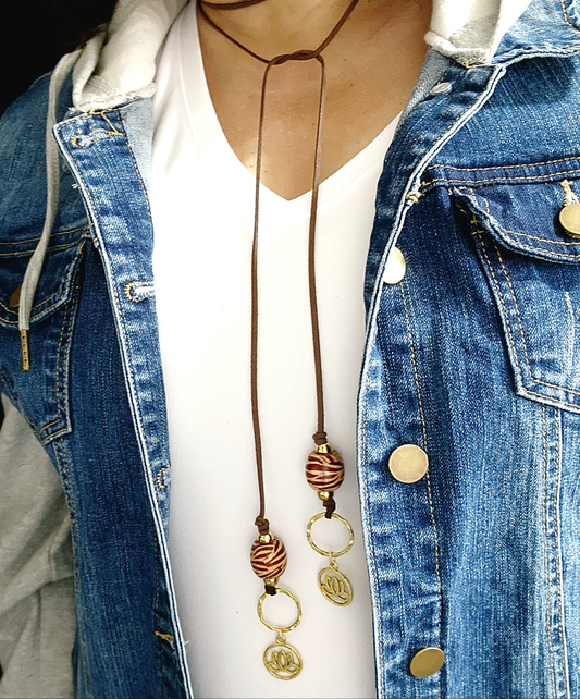 Boho Lotus Necklace – Handmade Jewelry with Brass Lotus Charm, Wooden Beads, Brass Accents & Faux Suede Brown Cord