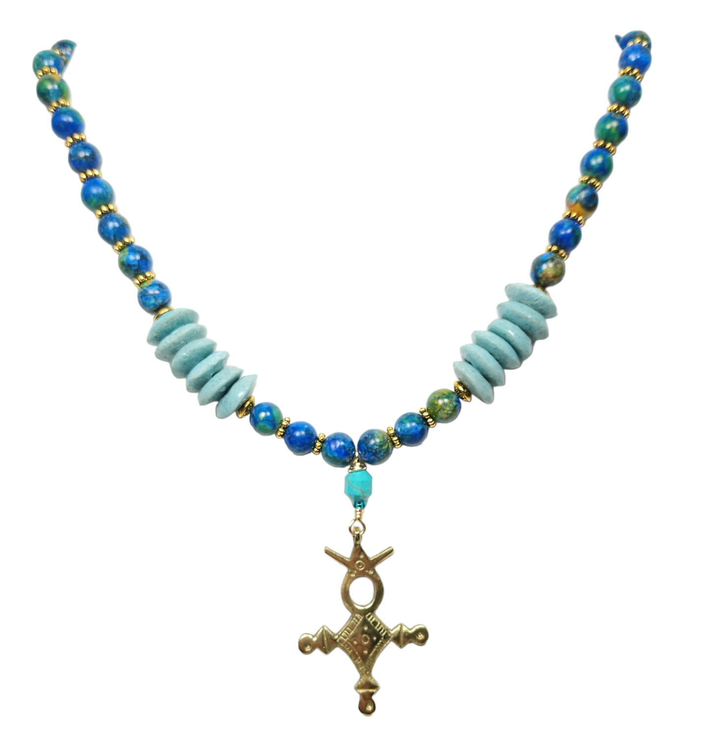 Tuareg Cross Necklace – Handmade Tribal Jewelry with Antique Brass Pendant, Ashanti Glass & Magnesite Beads with Magnetic Clasp