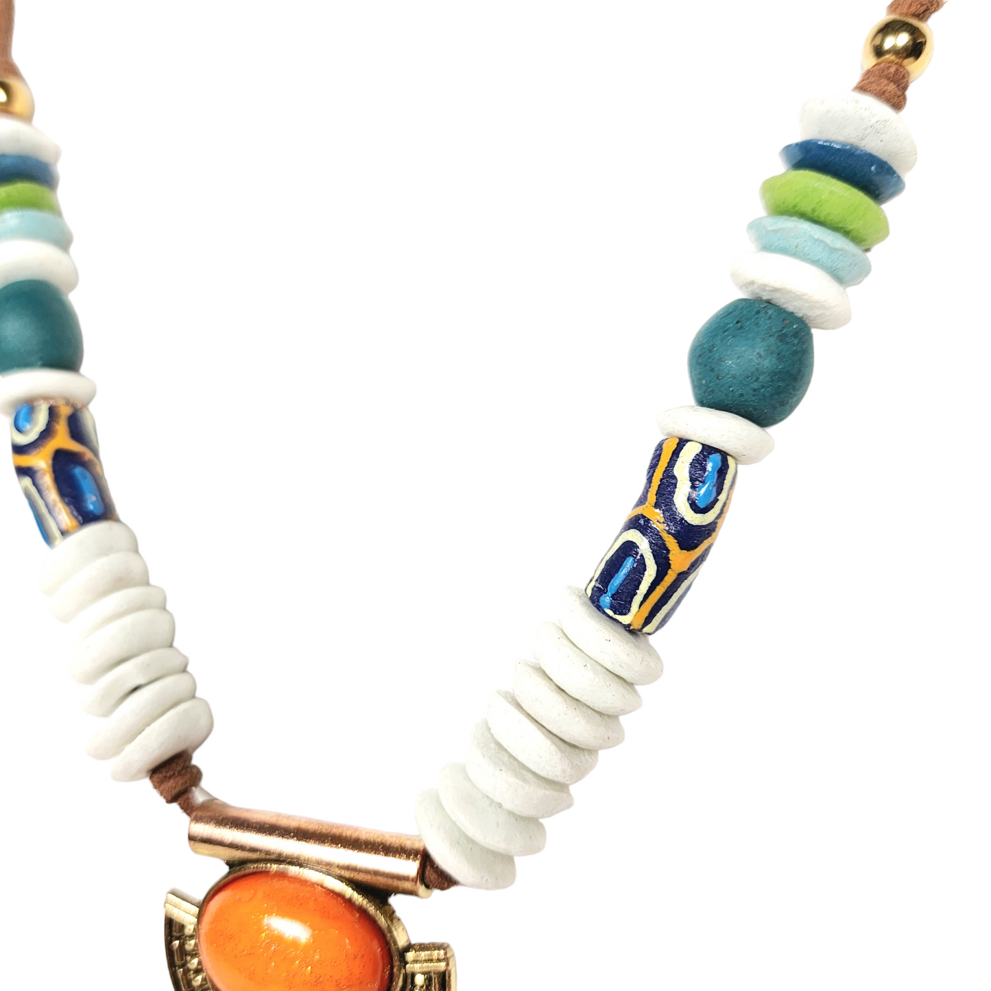 Tribal African Pendant Necklace – Handmade Boho Jewelry with Antique Brass, Krobo Beads, Ashanti & Sandcast Glass on Adjustable Suede Cord