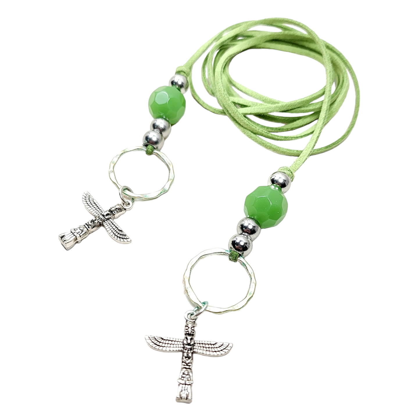 Boho Mayan Totem Necklace – Handmade Jewelry with Silver Totem Charms, Green Aventurine, Sterling Beads & Faux Suede Cord