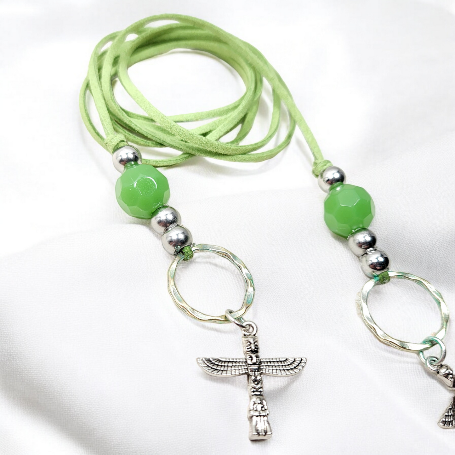 Boho Mayan Totem Necklace – Handmade Jewelry with Silver Totem Charms, Green Aventurine, Sterling Beads & Faux Suede Cord