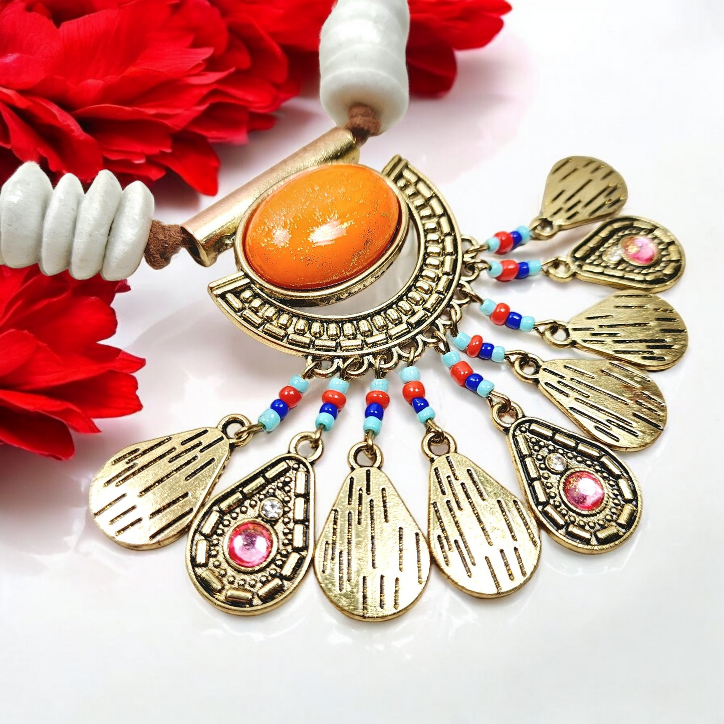 Tribal African Pendant Necklace – Handmade Boho Jewelry with Antique Brass, Krobo Beads, Ashanti & Sandcast Glass on Adjustable Suede Cord
