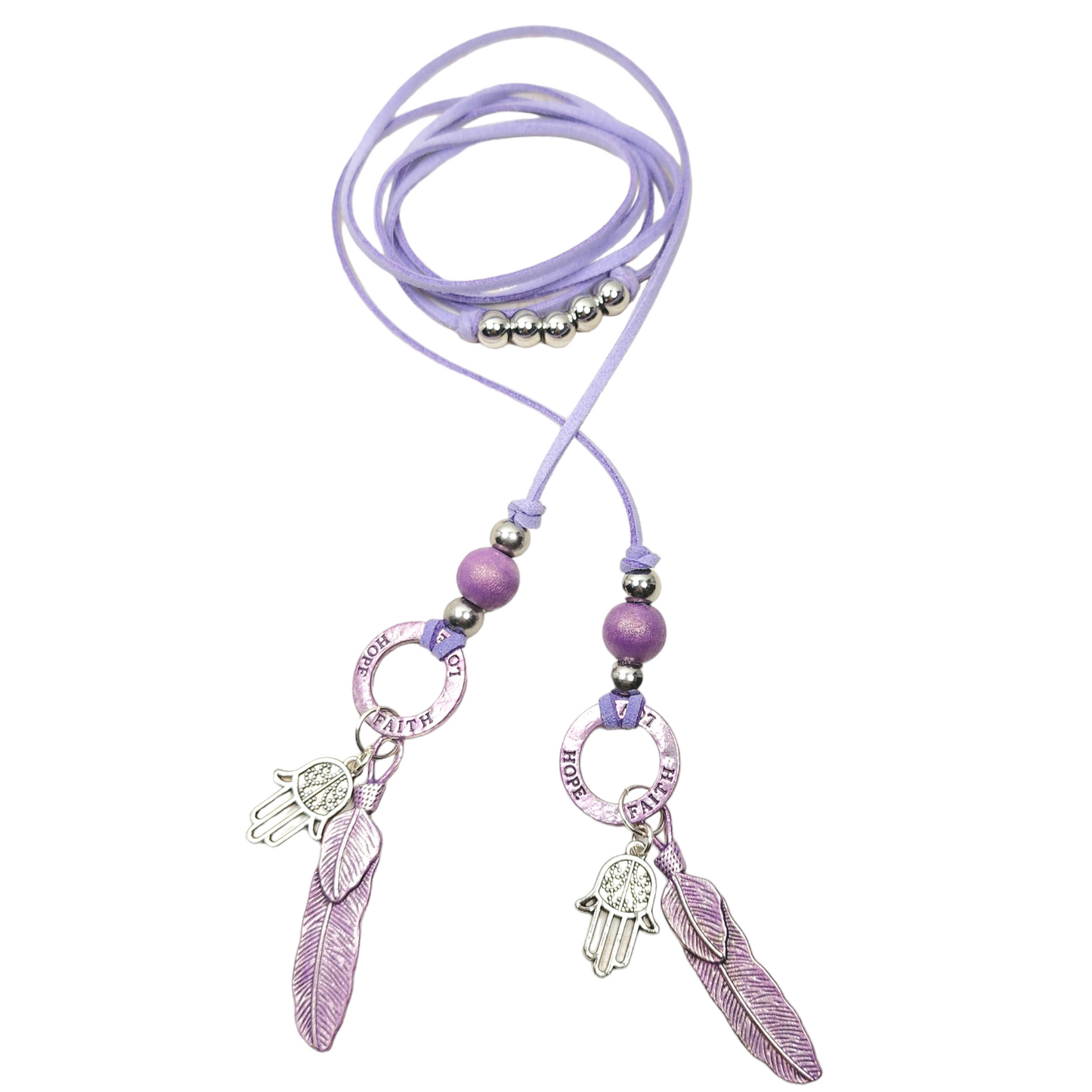 Boho Hamsa Feather Necklace – Handmade Jewelry with Silver Hamsa Charm, Purple Feather, Wood Bead & Faux Suede Cord