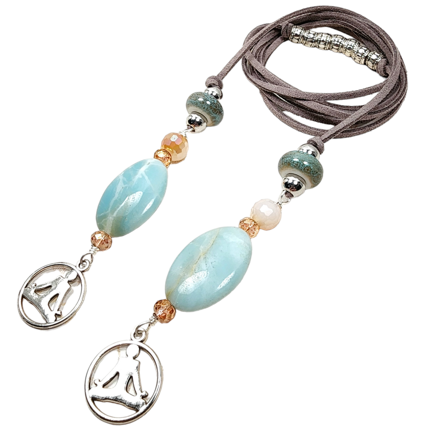 Boho Yoga Necklace – Handmade Jewelry with Silver Yoga Pose Charm, Amazonite Stones, Porcelain & Faceted Beads on Grey Faux Suede Cord