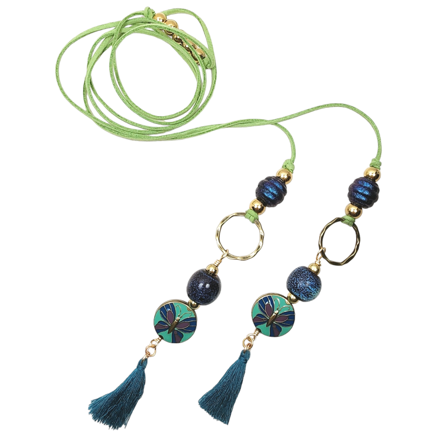 Boho Butterfly Necklace – Handmade Jewelry with Brass Coin Beads, Blue Ceramic, Teal Tassel & Green Faux Suede Cord