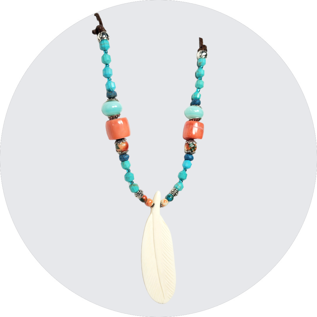 Boho Feather Necklace – Handmade Jewelry with White Resin Feather, Ocean Jade, Lampwork, Turquoise & Spiny Oyster Shell on Adjustable Brown Cord