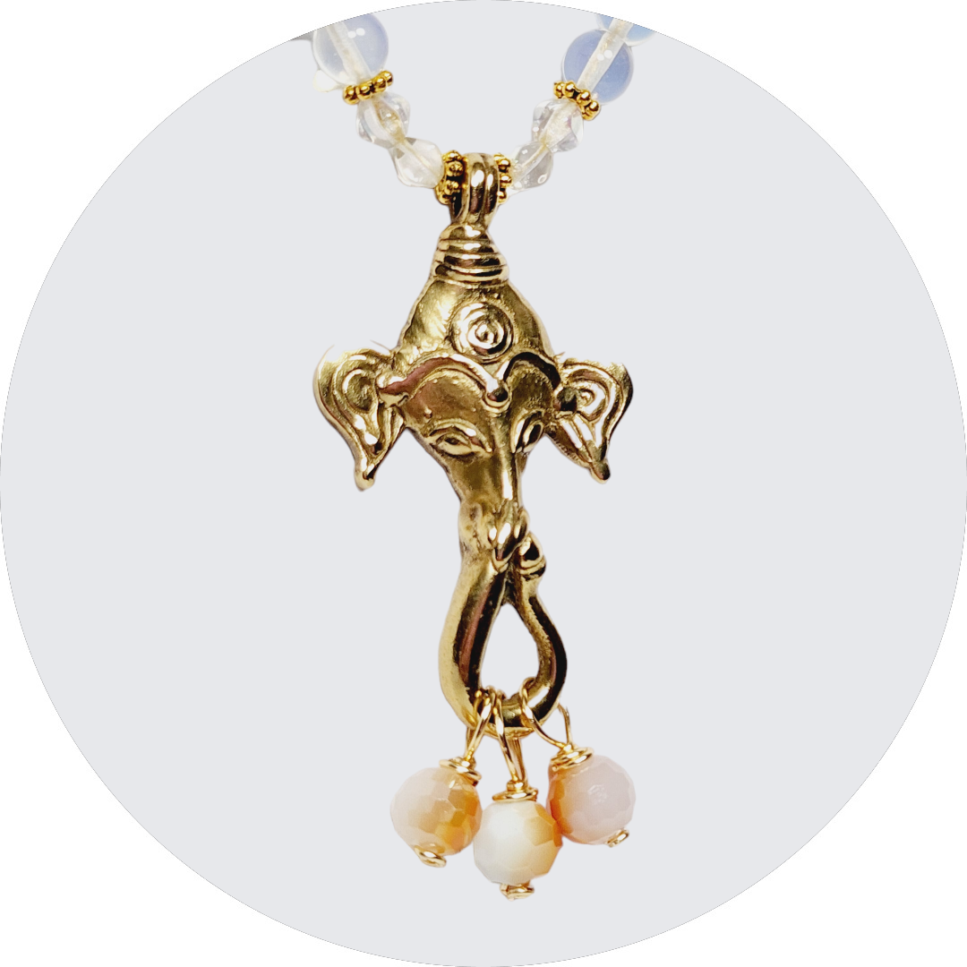 Ganesh Pendant Necklace – Boho Moonstone Jewelry with Tibetan Elephant, Wood Beads, Gold Accents & Adjustable Cord