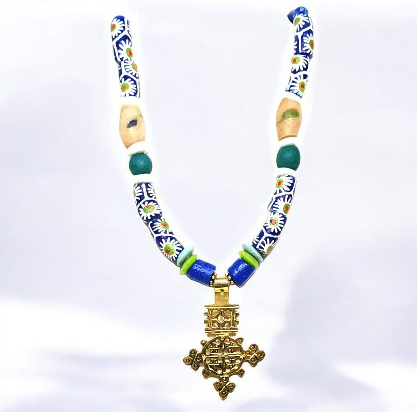 Ethiopian Brass Cross Necklace – Handmade African Tribal Jewelry with Krobo Beads, Ashanti Glass, Sandcast Accents & Adjustable Cord