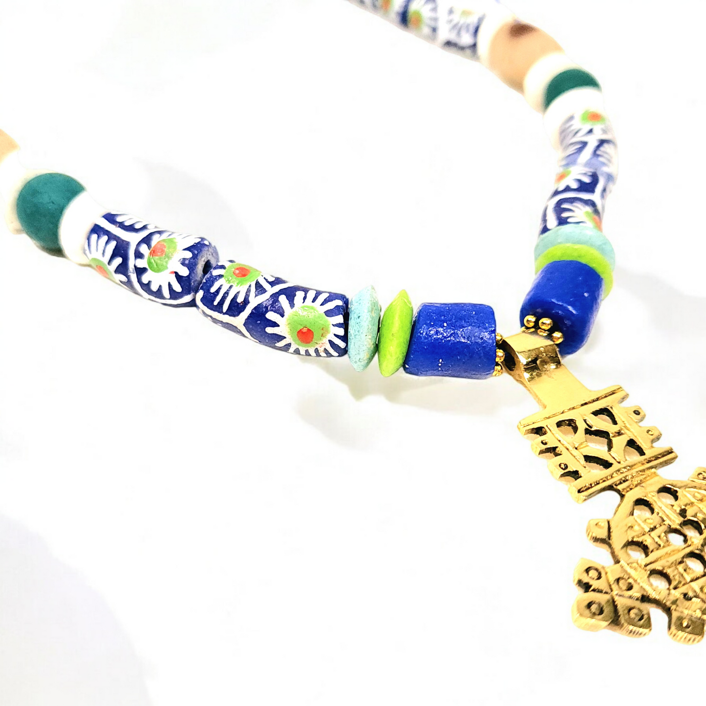 Ethiopian Brass Cross Necklace – Handmade African Tribal Jewelry with Krobo Beads, Ashanti Glass, Sandcast Accents & Adjustable Cord