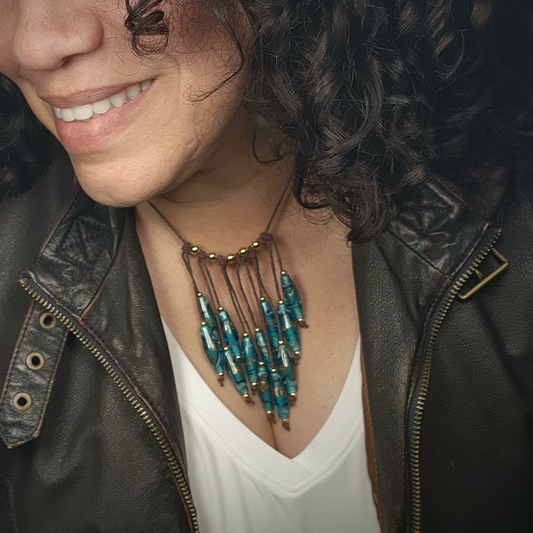 Teal Rhombus Glass Bead Necklace – Handmade Boho Jewelry with Geometric Lampwork Beads on Adjustable Brown Cord – Statement Gift for Her