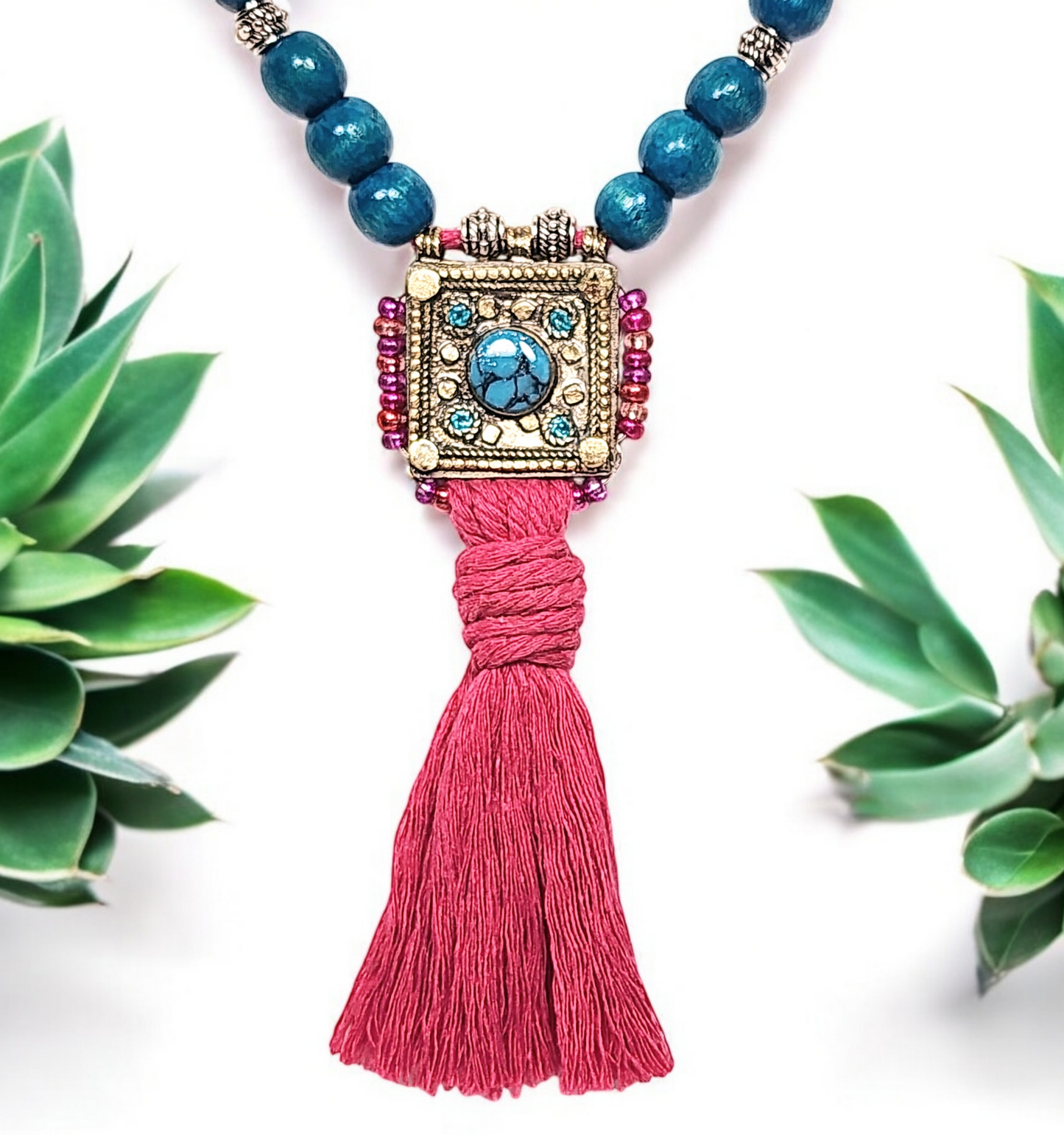Tibetan Turquoise Necklace – Handmade Boho Pendant with Inlay, Pink Cotton Cord & Tassel – Spiritual Festival Jewelry for Her
