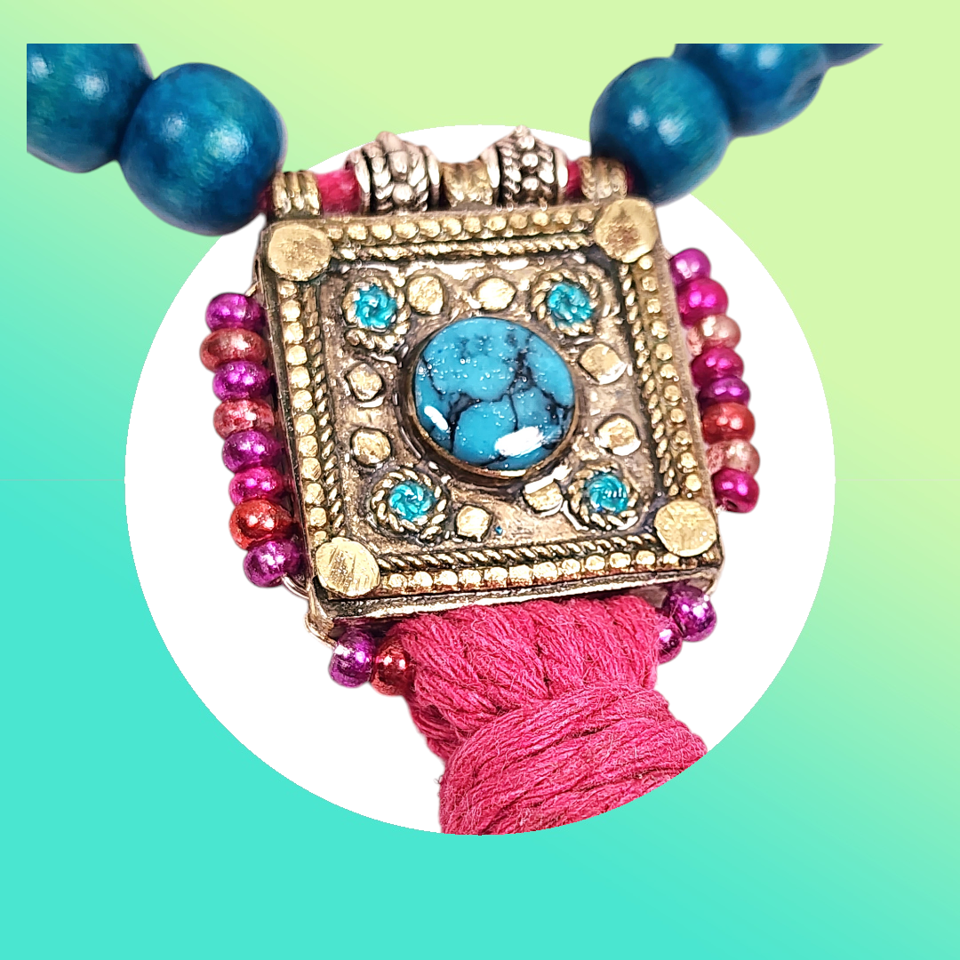 Tibetan Turquoise Necklace – Handmade Boho Pendant with Inlay, Pink Cotton Cord & Tassel – Spiritual Festival Jewelry for Her