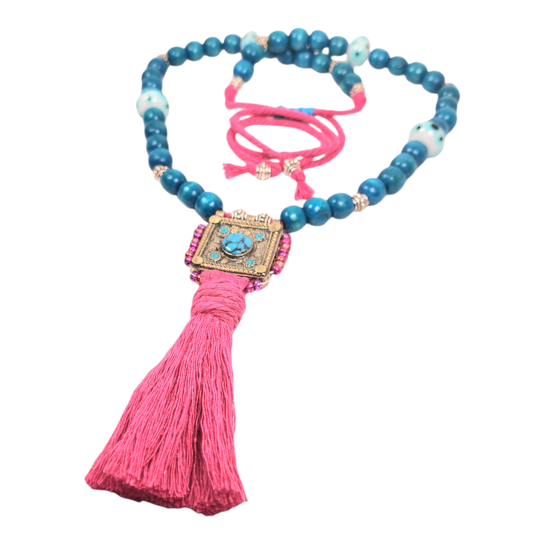 Tibetan Turquoise Necklace – Handmade Boho Pendant with Inlay, Pink Cotton Cord & Tassel – Spiritual Festival Jewelry for Her