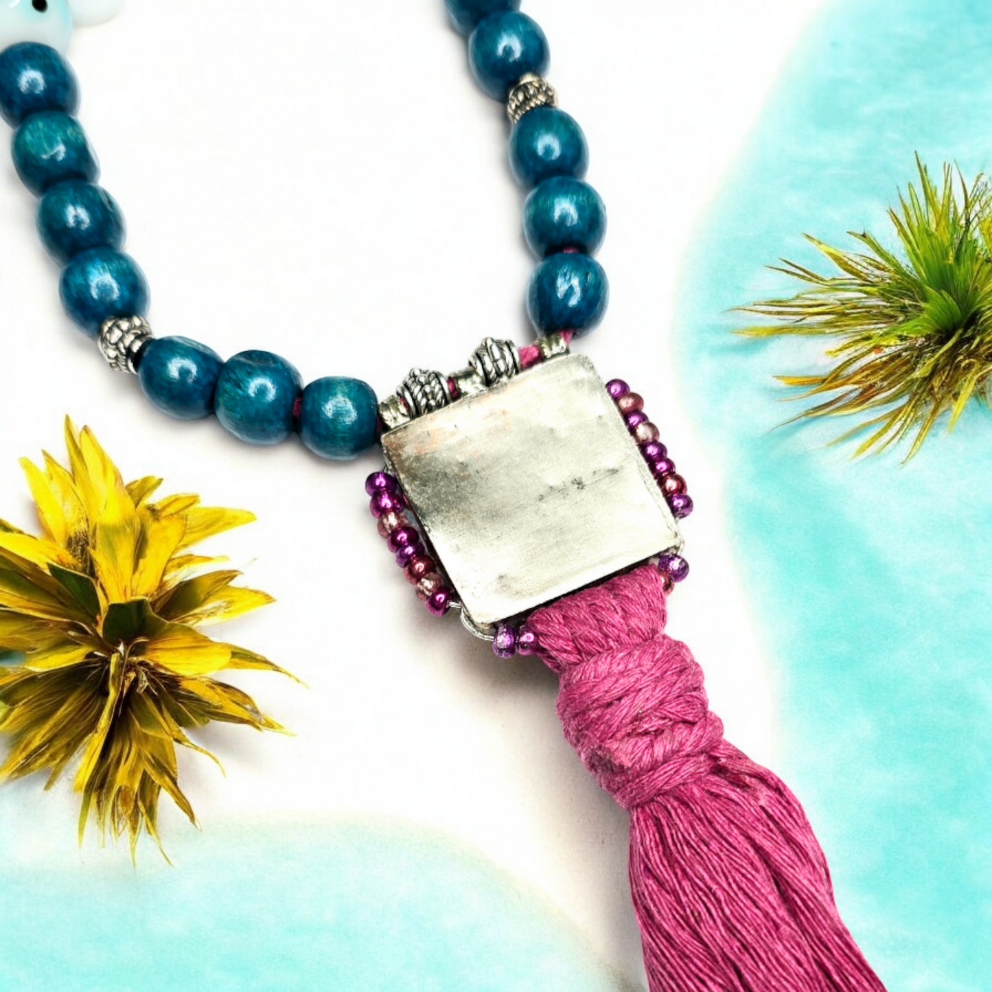 Tibetan Turquoise Necklace – Handmade Boho Pendant with Inlay, Pink Cotton Cord & Tassel – Spiritual Festival Jewelry for Her