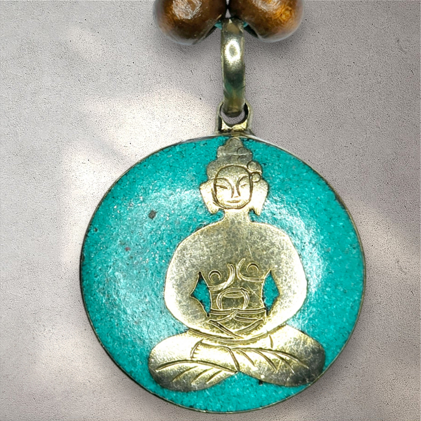 Turquoise Buddha Necklace – Handmade Tibetan Pendant with Wooden Beads, Glass Accents & Adjustable Cord – Spiritual Boho Jewelry