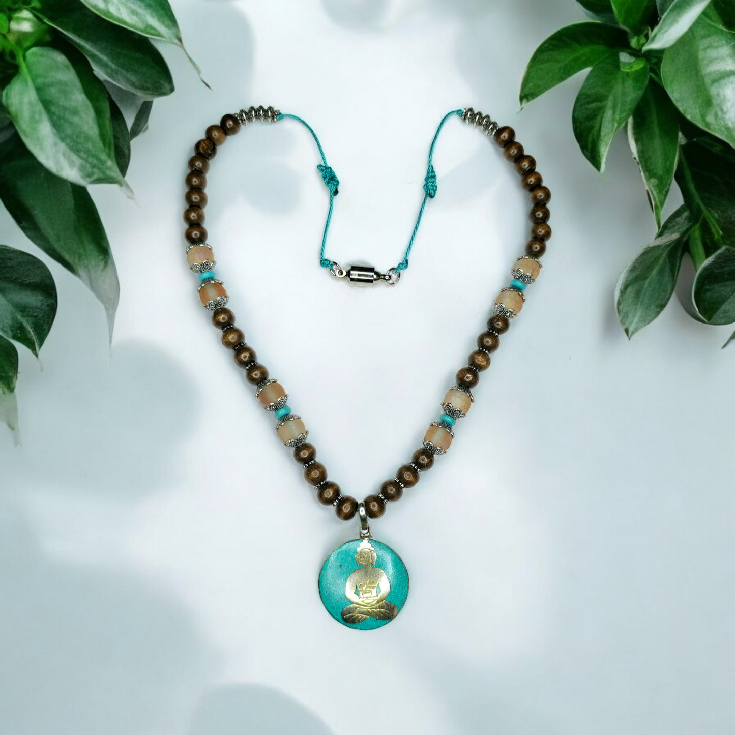 Turquoise Buddha Necklace – Handmade Tibetan Pendant with Wooden Beads, Glass Accents & Adjustable Cord – Spiritual Boho Jewelry