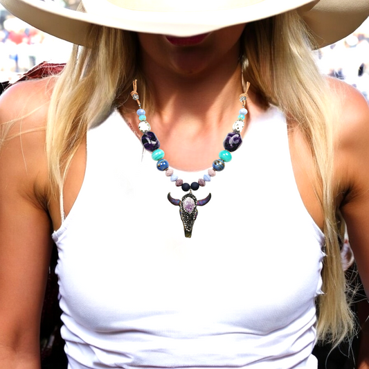 Boho Bull Skull Necklace – Handmade Rustic Jewelry with Amethyst Nuggets, Teal Lampwork Beads on Adjustable Leather Cord
