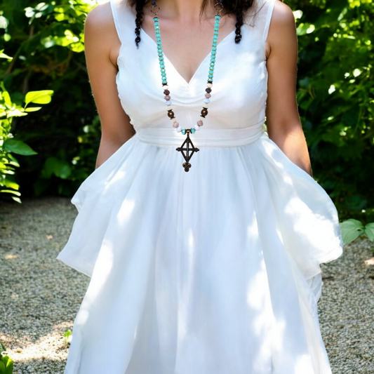 Boho Brass Cross Necklace – Handmade Antique Pendant with Teal & Multicolor Glass Beads on Adjustable Purple Leather Cord – 32” Statement Jewelry