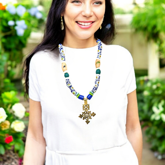 Ethiopian Brass Cross Necklace – Handmade African Tribal Jewelry with Krobo Beads, Ashanti Glass, Sandcast Accents & Adjustable Cord