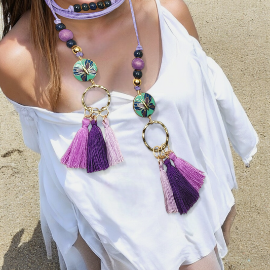 Boho Butterfly Necklace – Handmade Jewelry with Brass Coin Beads, Purple Wood, Blue Ceramic & Tassels on Long Faux Suede Cord