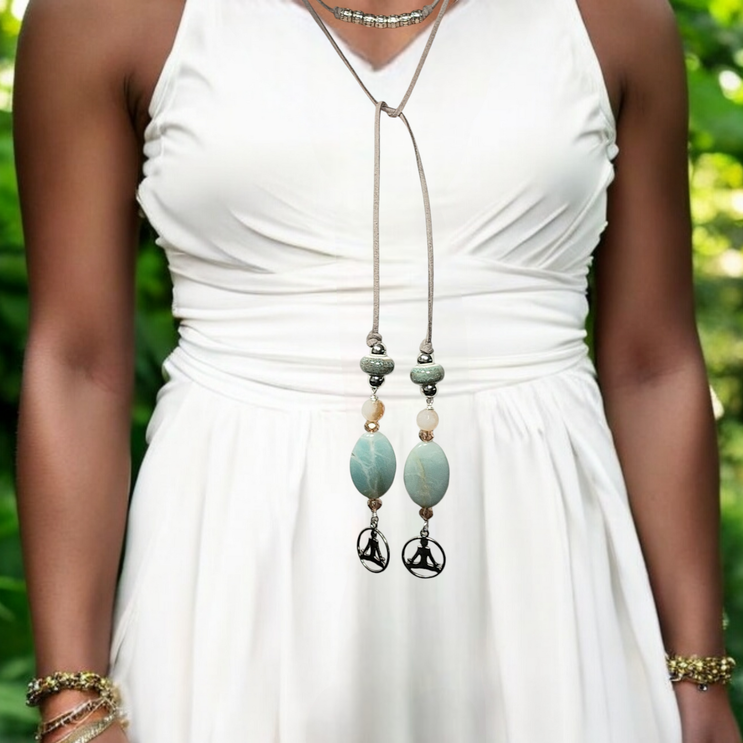Boho Yoga Necklace – Handmade Jewelry with Silver Yoga Pose Charm, Amazonite Stones, Porcelain & Faceted Beads on Grey Faux Suede Cord
