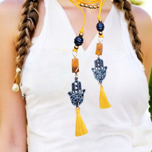 Boho Hamsa Hand Necklace – Handmade Jewelry with Blue Hamsa Charm, Yellow Jasper, Golden Beads & Tassel on Faux Suede Brown Cord