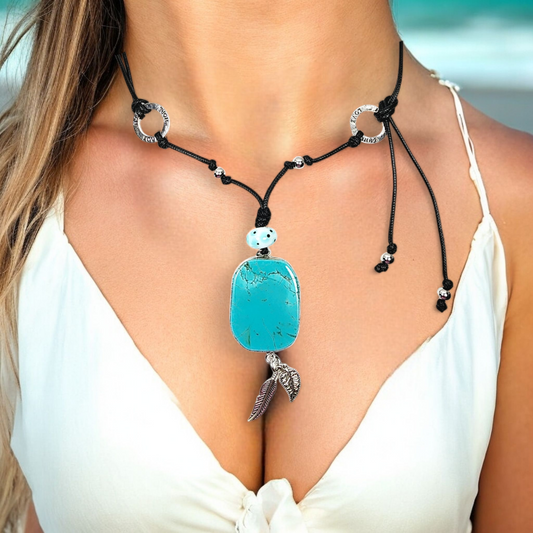 Turquoise Pendant Necklace – Handmade Boho Jewelry with Lampwork Glass, Silver Hope Rings & Adjustable Black Cord – 42” Statement Gift