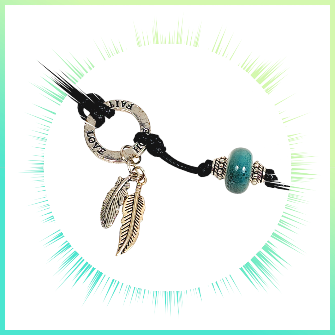 Aventurine Om Necklace – Handmade Spiritual Jewelry with Teal Ceramic Beads, Inspirational Charms & Black Cord – Boho Chakra Necklace