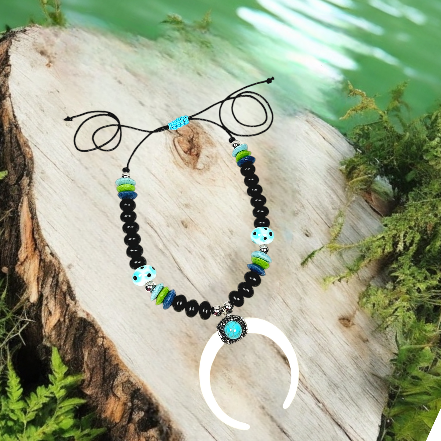 Boho Crescent Horn Moon Necklace – Handmade Jewelry with Ashanti Glass, Lampwork & Wool Beads on Black Cotton Cord