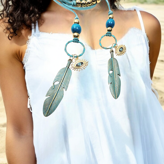 Boho Evil Eye Feather Necklace – Handmade Jewelry with Brass Feathers, Teal Wood Beads, Golden Accents & Faux Suede Cord