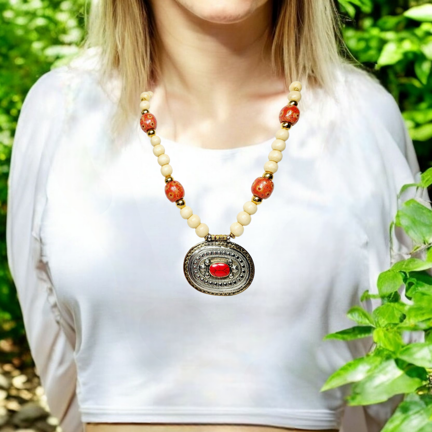 Boho Tribal Pendant Necklace – Handmade Jewelry with Red Resin Silver Oval Pendant, Wooden Beads & Golden Accents on Adjustable Red Cotton Cord, 35”