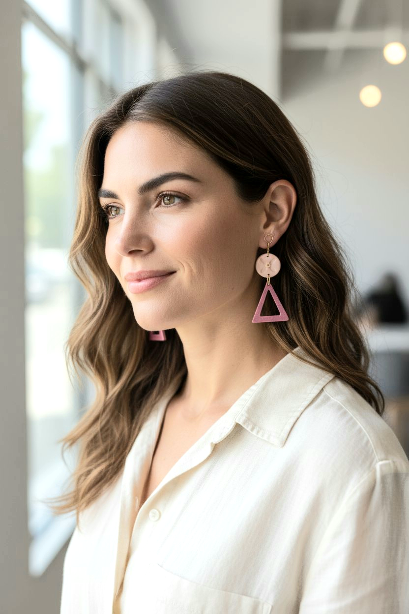 Blush Petal Boho Earrings – Light Pink Polymer Clay & Wooden Triangle Dangle Earrings with Golden Wire Hooks