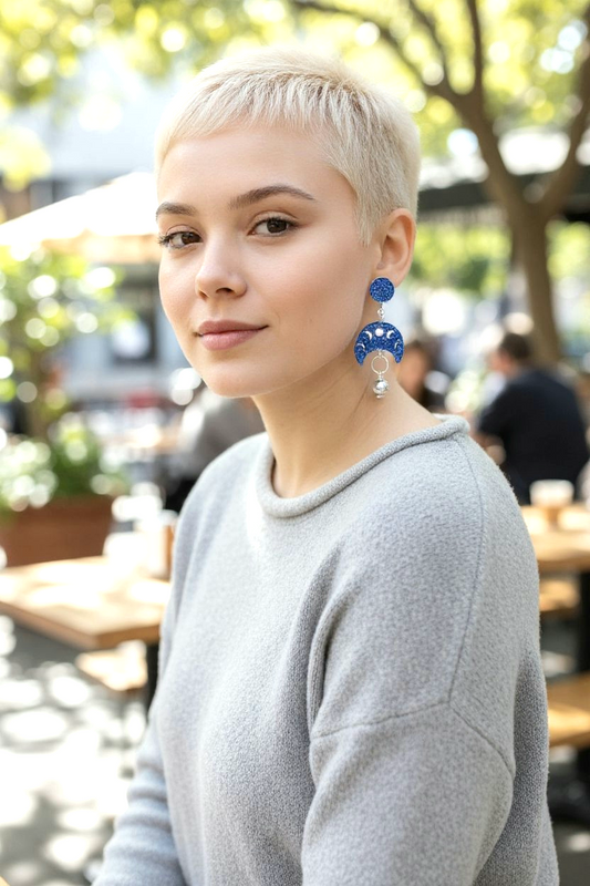 Lunar Glow Boho Earrings – Blue Glitter Polymer Clay Moon Phase Dangle Earrings with Silver Wire & Beads