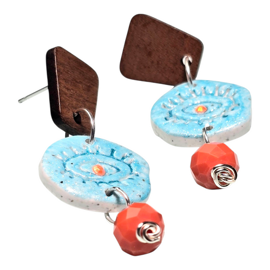 Tribal Spirit Boho Earrings – Turquoise Blue Polymer Clay Evil Eye Dangle Earrings with Wooden Studs & Orange Glass Beads